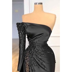 Glamorous Black Long Sleeve One Shoulder Prom Dress Beadings Evening Gowns