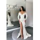 Glamorous White Long Sleeves Mermaid Evening Dress Off-the-shoulder Split Prom Gown