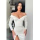 Glamorous White Long Sleeves Mermaid Evening Dress Off-the-shoulder Split Prom Gown