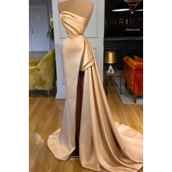 Designer Long Champagne Prom Dress Side Split Evening Party Gowns
