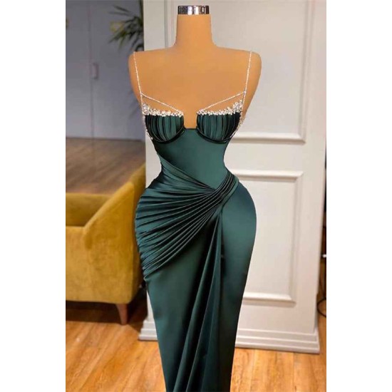 Gorgeous Dark Green Spaghetti-Straps Mermaid Prom Dress With Beadings