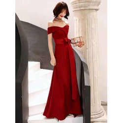 Gorgeous Red Evening Dress  Off Shoulder Floor Length Satin Sash Social Prom Party Dresses