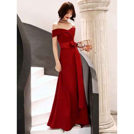 Gorgeous Red Evening Dress  Off Shoulder Floor Length Satin Sash Social Prom Party Dresses