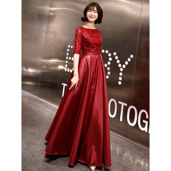 Stunning Evening Dresses Burgundy Half Sleeve Sequin Satin Floor Length Long Prom Gown