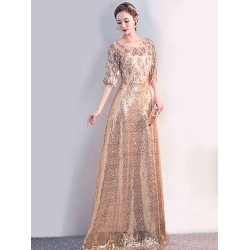 Stunning Sequin Party Dress  Half Sleeves Floor Length Zipper Lace Prom Occasion Dresses