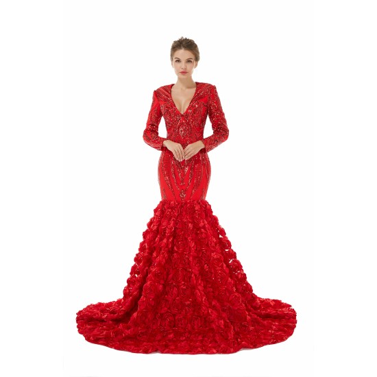 Sexy Sparkle Red Long sleeves V-neck Flowers Prom Dress | Ballbella Real Shooting