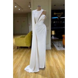 White One Shoulder Mermaid Prom Dress High Neck Evening Gown