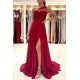 One Shoulder Red Prom Dress Floor Length Sleeveless Maxi Dress with Front Slit