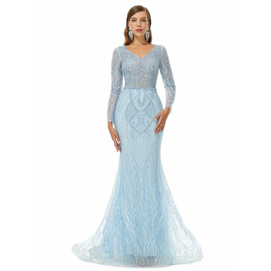 Ballbella Design | Sparkle Beaded Mermaid V-neck Long sleeves Prom Dresses