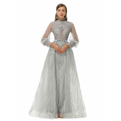 Ballbella Design | Sparkle Gray Beaded Mermaid Long sleeves Prom Dresses with Overskirt