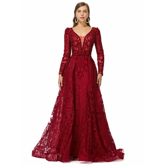 Ballbella Design | Sparkle Beaded Wine Red Long Sleeves Prom Dresses