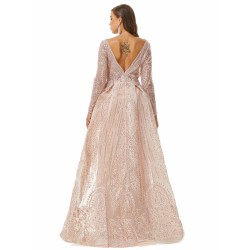 Ballbella Design | Champange Sparkle Beaded Long Sleeves Prom Dresses with Overskirt