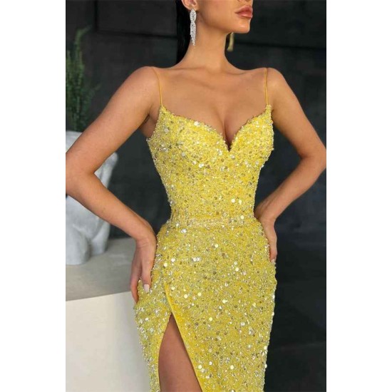 Gorgeous Yellow Sequins Prom Dress Mermaid Split Long Evening Party Gowns
