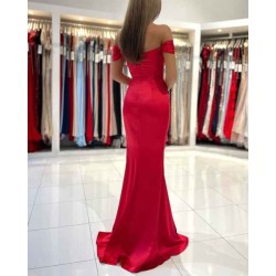 Chic Red Off-the-shoulder Mermaid Prom Dresses Split Long Evening Gowns