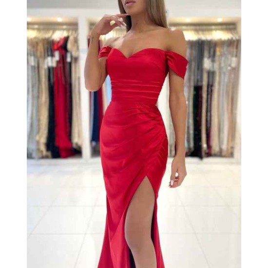 Chic Red Off-the-shoulder Mermaid Prom Dresses Split Long Evening Gowns