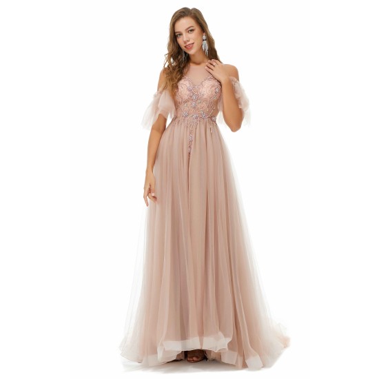 Ballbella Design | Sparkle Beaded Cool shoulder A-line Beaded Prom Dresses