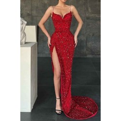 Burgundy Spaghetti-Straps Mermaid Prom Dress Long Sequins Evening Gowns With Split