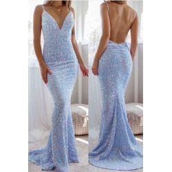 Gorgeous Spaghetti-Straps Backless Prom Dress Mermaid Sequins Sleeveless