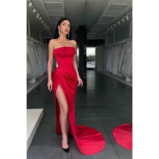 Red Strapless Long Prom Dress Mermaid With Slit