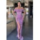 Lilac Off-the-Shoulder Sequins Prom Dress Long With Slit