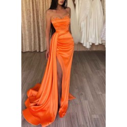 Orange Sweetheart Mermaid Prom Dress Long Slit Ruffles With Sequins