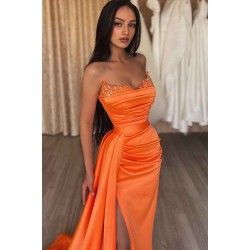 Orange Sweetheart Mermaid Prom Dress Long Slit Ruffles With Sequins