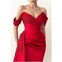 Off-the-shoulder Burgundy Beaded Long Prom Dress with Half Train