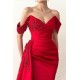 Off-the-shoulder Burgundy Beaded Long Prom Dress with Half Train