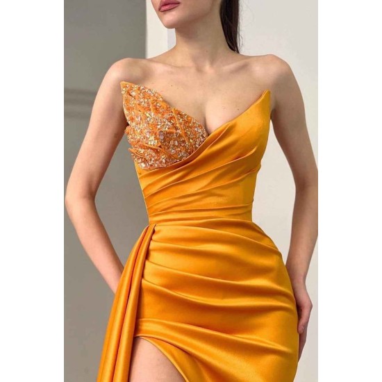 Sweetheart Orange Half-Beaded Long High Split Prom Dress with Half train