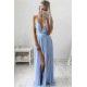 Deep V-neck Chic Evening Dress Spaghetti Straps baby Blue Prom Dresses