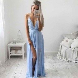 Deep V-neck Chic Evening Dress Spaghetti Straps baby Blue Prom Dresses