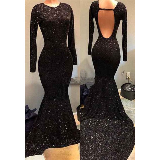 Black Sequins Prom Party Gowns| Long Sleeves Evening Gowns On Sale