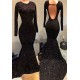 Black Sequins Prom Party Gowns| Long Sleeves Evening Gowns On Sale