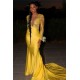 Chic Round Neck Lace Sleeves Intimate Prom Dresses Yellow Party Gowns