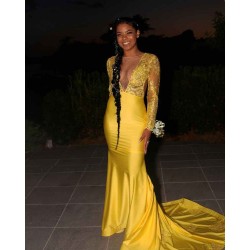 Chic Round Neck Lace Sleeves Intimate Prom Dresses Yellow Party Gowns