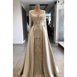 Shining Beaded Long Sleevess Round Neck Prom Dresses With Over Skirt A Line Evening Gowns