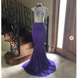 Crystal Beading Illusion Top Halter Long Mermaid Prom Gowns