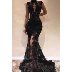 Black High Neck Lace Chic Prom Dresses New Arrival Sleeveless Front Split Evening Dresses