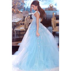 Popular Sky Blue Lace Prom Dresses On Sale Sleeveless Overskirt Tulle Evening Dresses