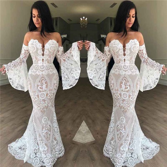 Off-the-Shoulder Lace Evening Dress Chic Strapless Bell Sleeves Prom Dresses