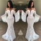 Off-the-Shoulder Lace Evening Dress Chic Strapless Bell Sleeves Prom Dresses