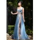 Chic Long Blue Formal Evening Dresses Tulle Crystal Chic Slit Prom Dresses