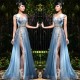 Chic Long Blue Formal Evening Dresses Tulle Crystal Chic Slit Prom Dresses