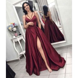 Chic Sleeveless Front Split Prom Gown Burgundy Spaghetti-Straps A-Line Evening Dress