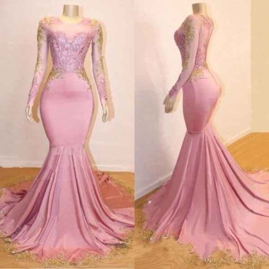 Pink Appliques Long Sleevess Prom Dresses New Arrival Gorgeous Mermaid Evening Gowns