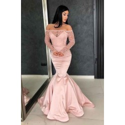 Gorgeous Mermaid Off-the-Shoulder Prom Gowns Long Sleeves Lace Evening Dresses