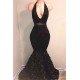 Black V-Neck Prom Party Gowns| Mermaid Evening Gown With Flowers Bottom