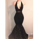 Black V-Neck Prom Party Gowns| Mermaid Evening Gown With Flowers Bottom