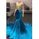High Neck Illusion Neckline Sleeveless Long Train Appliques Mermaid Prom Gowns