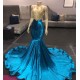 High Neck Illusion Neckline Sleeveless Long Train Appliques Mermaid Prom Gowns